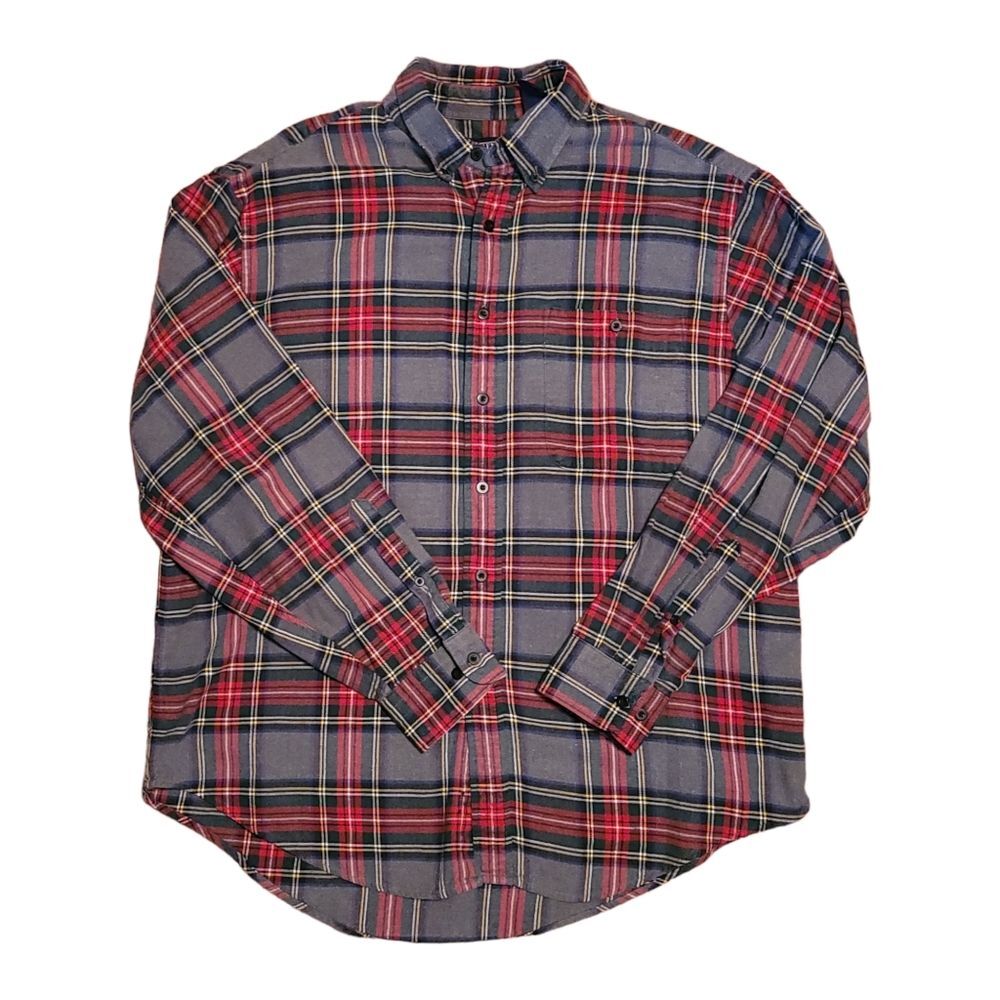 LANDS END FLANNEL L mens 16-16.5 thick Gray and Red plaid